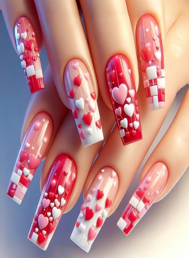 CJDLTS Valentine's Press on Nails Long Length Valentine's Acrylic Nails 3D Pink Red Love Heart Design Full Cover Glue on Nails Glossy False Nails Valentines Stick on Nails for Women Holiday Nails - Image 1